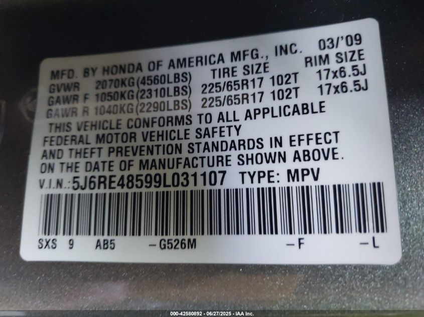 2009 Honda Cr-V Ex VIN: 5J6RE48599L031107 Lot: 42580892