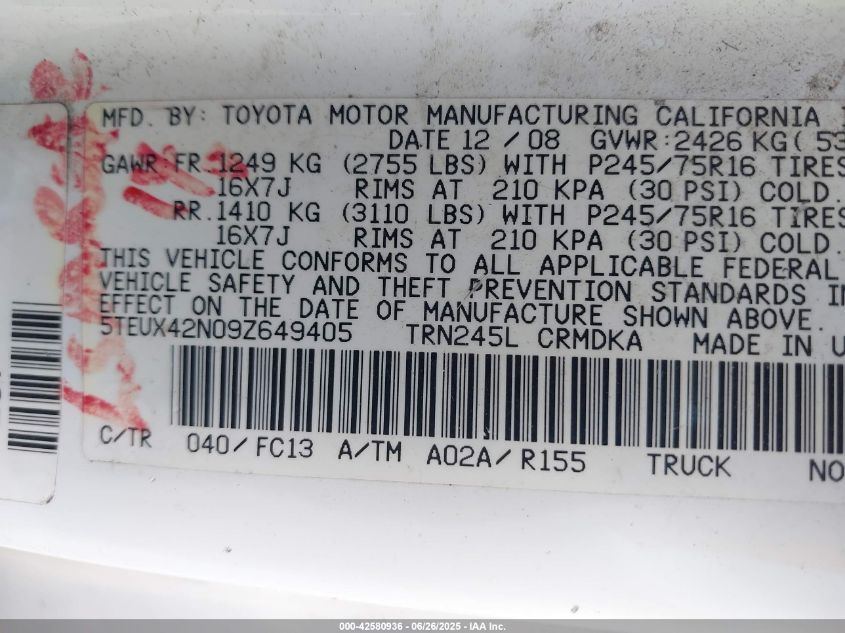 2009 Toyota Tacoma VIN: 5TEUX42N09Z649405 Lot: 42580936