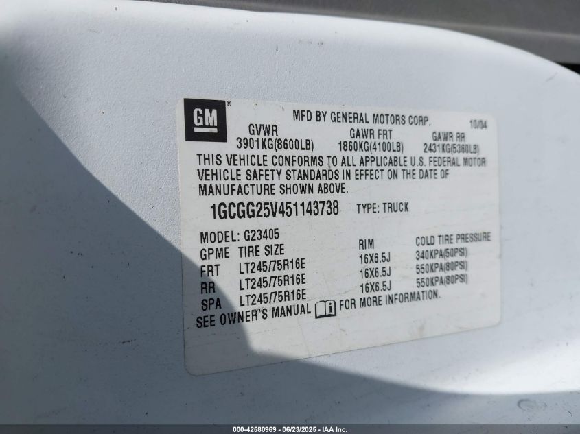 2005 Chevrolet Express VIN: 1GCGG25V451143738 Lot: 42580969