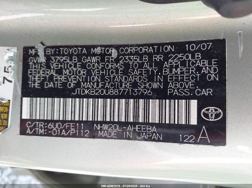 2008 Toyota Prius VIN: JTDKB20U887713796 Lot: 42581019