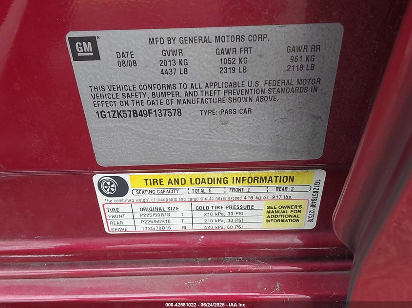 2009 CHEVROLET MALIBU VIN: 1G1ZK57B49F137578