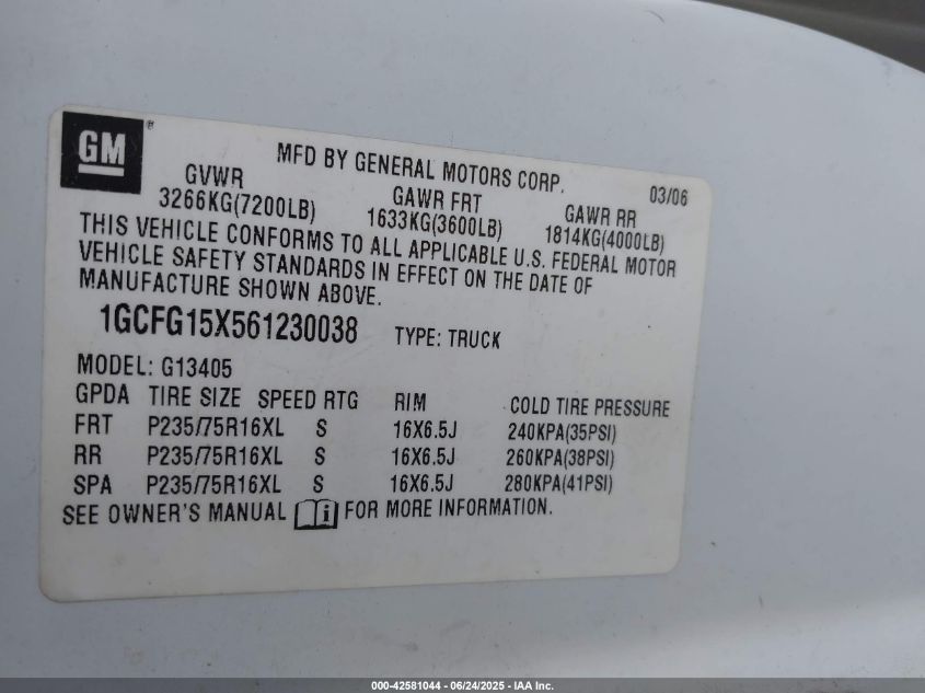 2006 Chevrolet Express Work Van VIN: 1GCFG15X561230038 Lot: 42581044