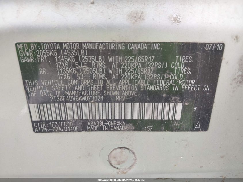 2010 Toyota Rav4 VIN: 2T3BF4DV6AW073021 Lot: 42581068