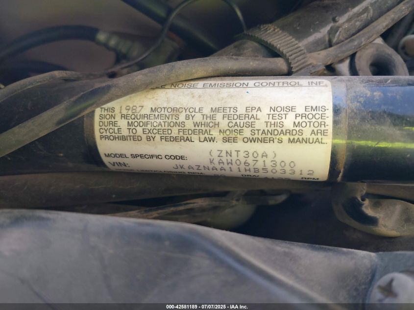 1987 Kawasaki Zn1300 VIN: JKAZNAA11HB503312 Lot: 42581189