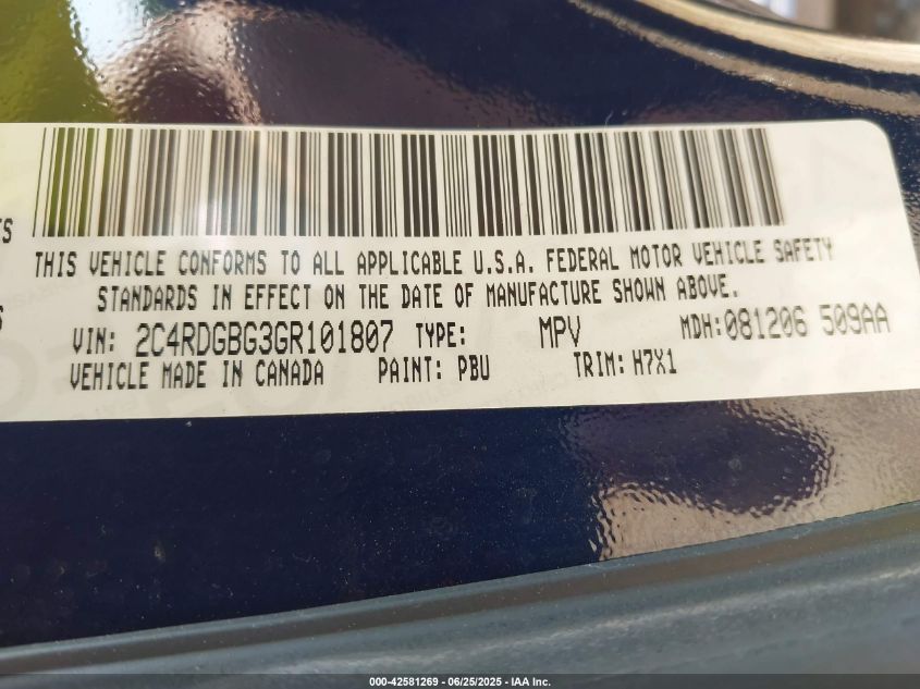 2016 Dodge Grand Caravan Se VIN: 2C4RDGBG3GR101807 Lot: 42581269
