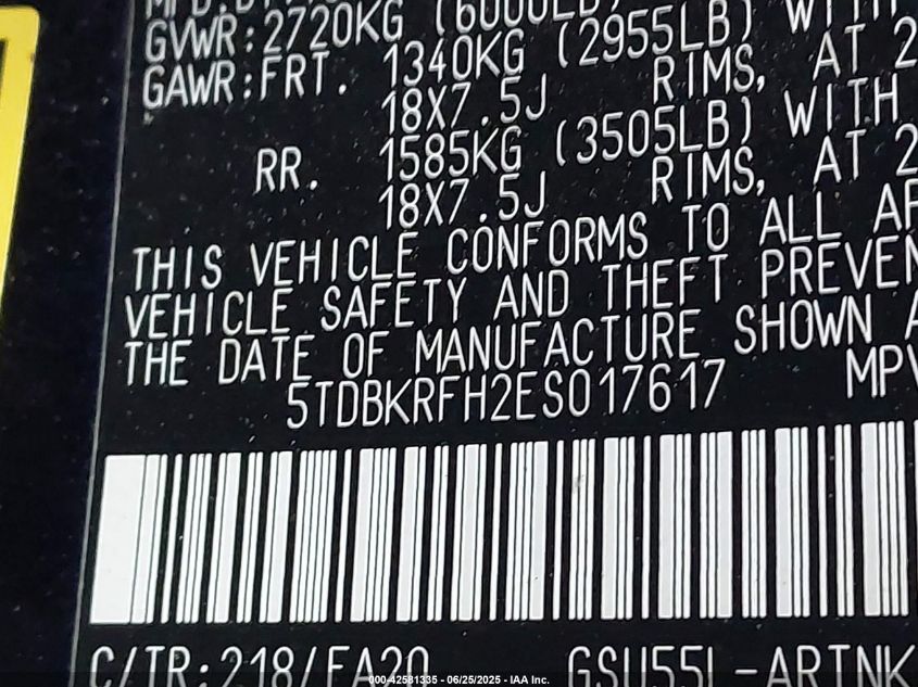 2014 Toyota Highlander Le/Le Plus VIN: 5TDBKRFH2ESO17617 Lot: 42581335