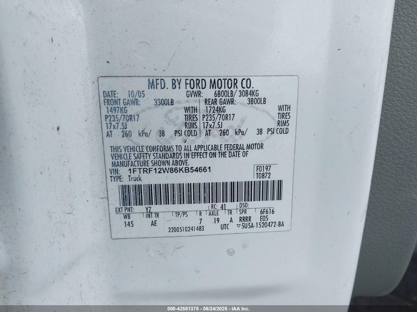 2006 FORD F-150 VIN: 1FTRF12W86KB54661