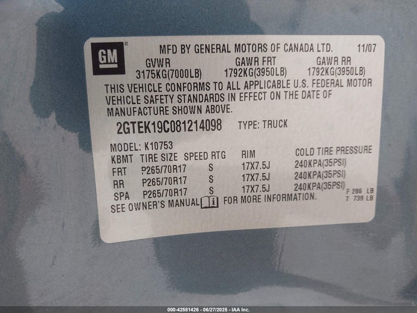 2008 GMC Sierra 1500 Work Truck VIN: 2GTEK19C081214098 Lot: 42581426