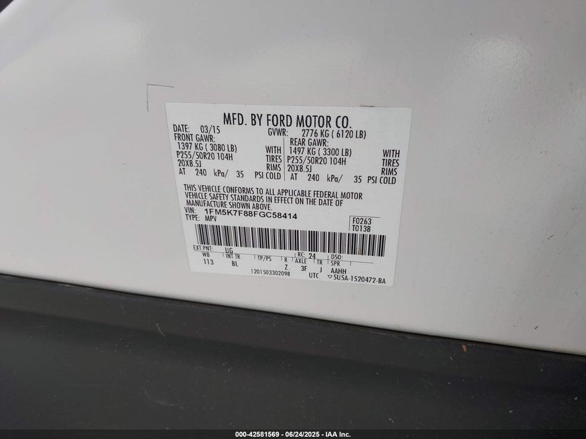 2015 FORD EXPLORER LIMITED - 1FM5K7F88FGC58414