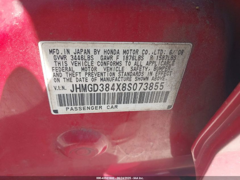 2008 Honda Fit VIN: JHMGD384X8S073855 Lot: 42581680