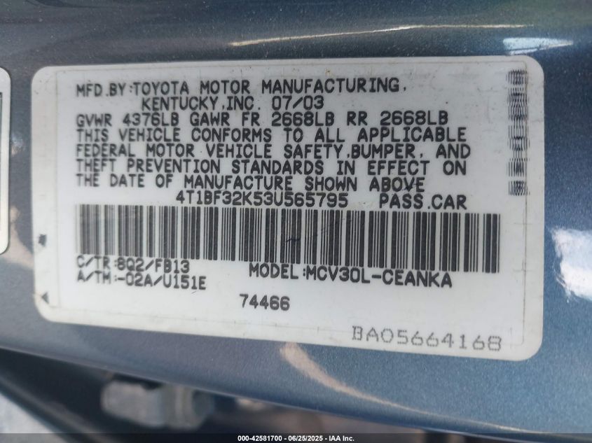 2003 Toyota Camry Le V6 VIN: 4T1BF32K53U565795 Lot: 42581700