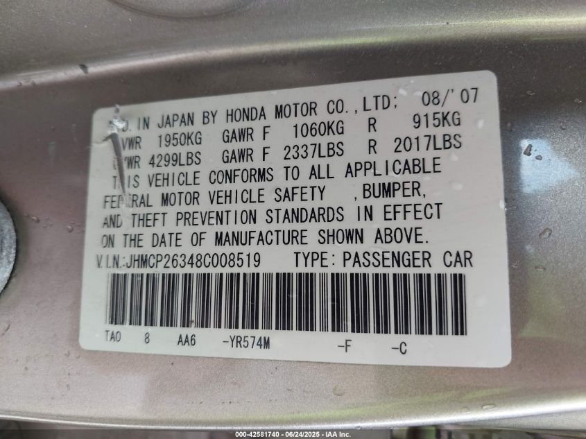 2008 Honda Accord 2.4 Lx VIN: JHMCP26348C008519 Lot: 42581740