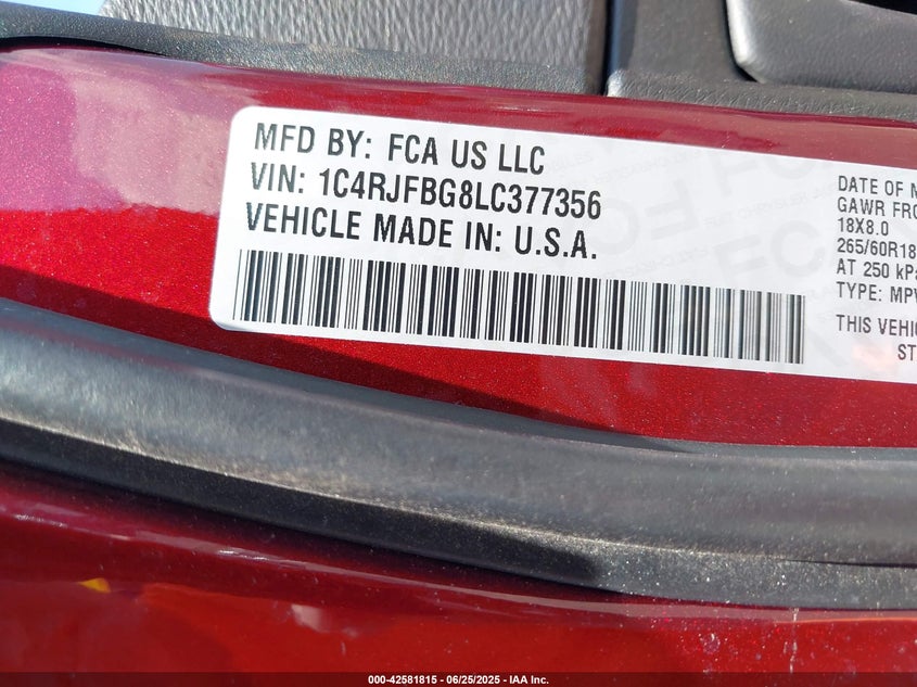 VIN 1C4RJFBG8LC377356 2020 JEEP GRAND CHEROKEE LIMITED 4X4