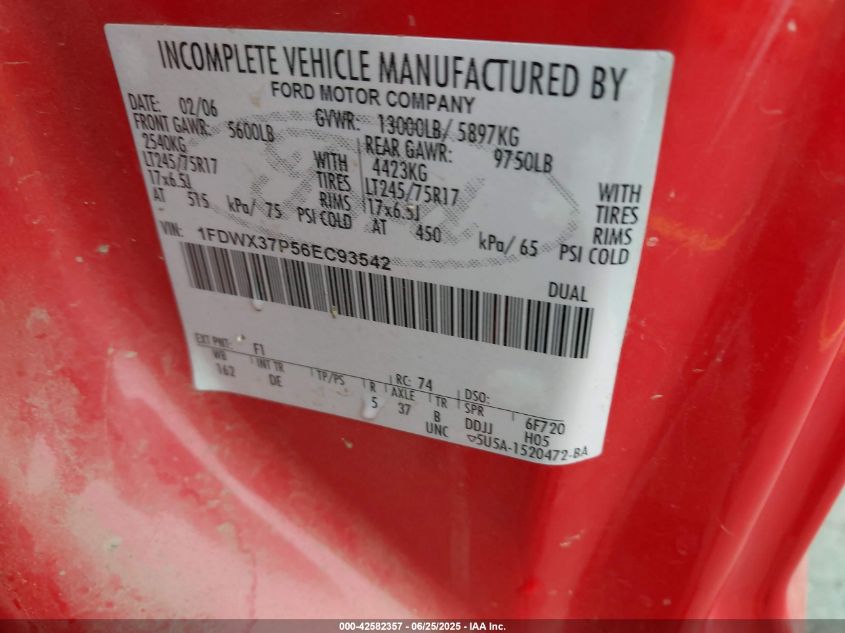 2006 Ford F350 VIN: 1FDWX37P56EC93542 Lot: 42582357