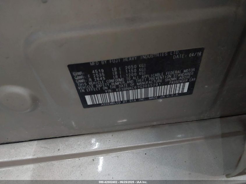 2016 Subaru Legacy VIN: 4S3BNAC61G305529 Lot: 42582402