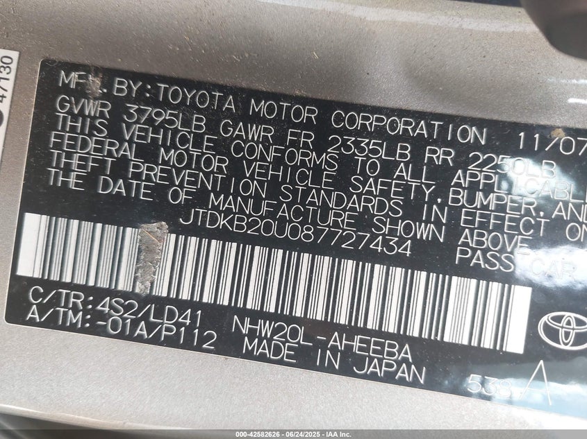 2008 TOYOTA PRIUS VIN: JTDKB20U087727434