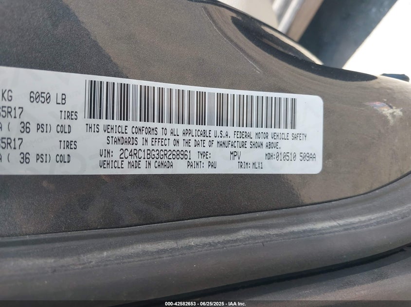 2016 Chrysler Town & Country Touring VIN: 2C4RC1BG3GR268961 Lot: 42582653