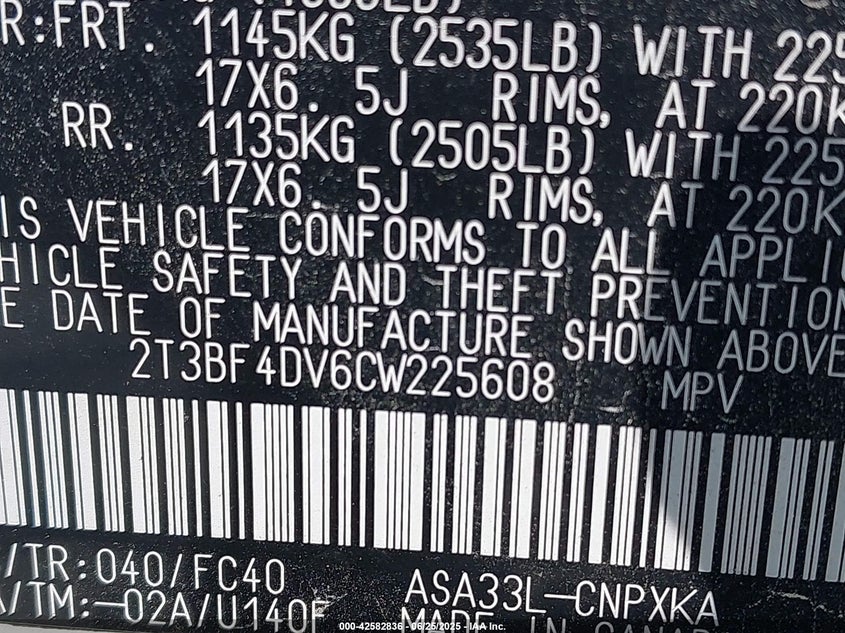 2012 TOYOTA RAV4 VIN: 2T3BF4DV6CW225608