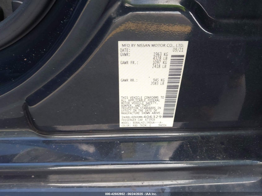 VIN 1N4BL4DVXMN406329 2021 NISSAN ALTIMA SV FWD