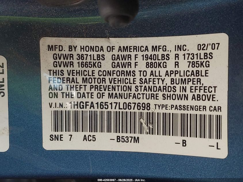 2007 Honda Civic Lx VIN: 1HGFA16517L067698 Lot: 42583067