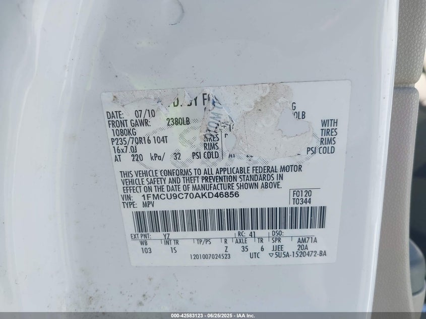 2010 FORD ESCAPE VIN: 1FMCU9C70AKD46856