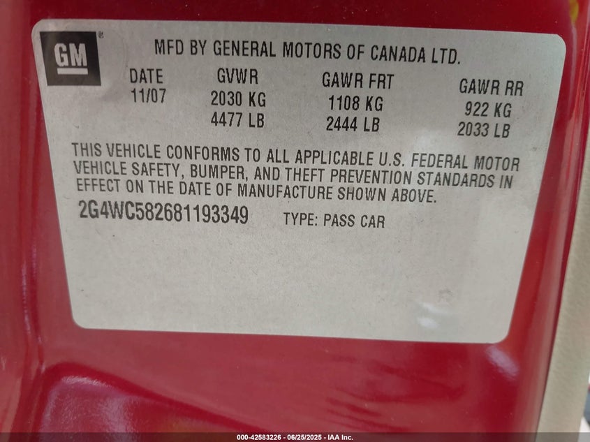 2008 Buick Lacrosse Cx VIN: 2G4WC582681193349 Lot: 42583226