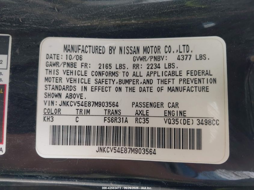 2007 Infiniti G35 VIN: JNKCV54E87M903556 Lot: 42583473