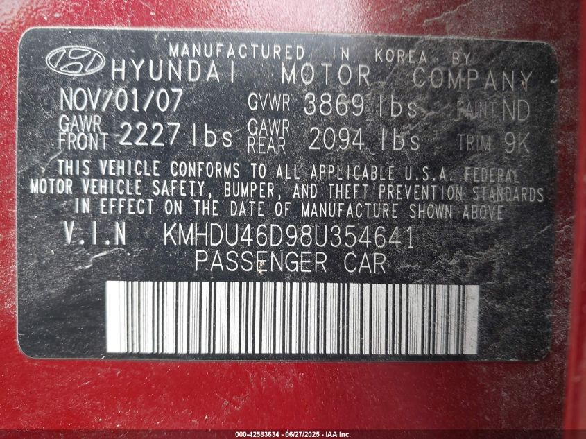 2008 Hyundai Elantra Gls/Se VIN: KMHDU46D98U354641 Lot: 42583634