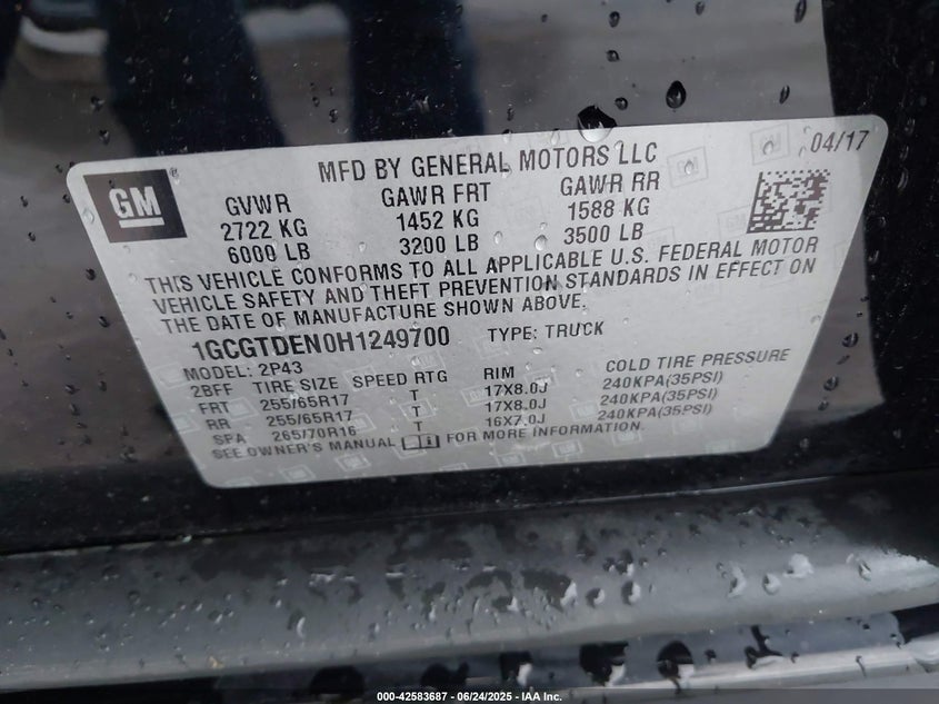 2017 CHEVROLET COLORADO Z71 - 1GCGTDEN0H1249700