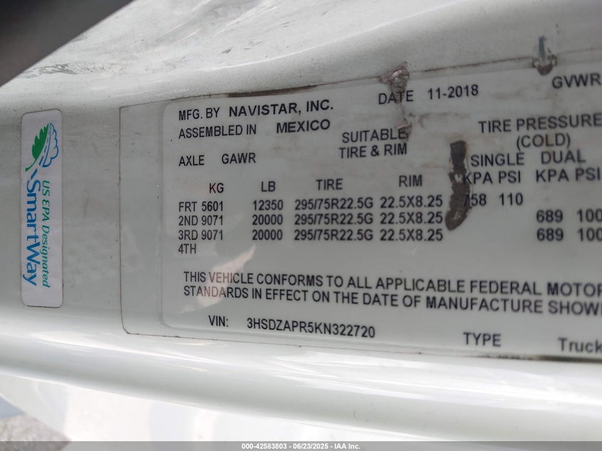 2019 International Lt VIN: 3HSDZAPR5KN322720 Lot: 42583803