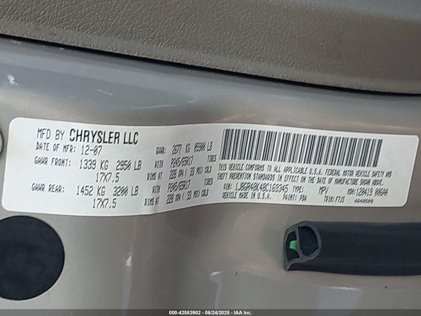 2008 JEEP GRAND CHEROKEE VIN: 1J8GR48K48C169345