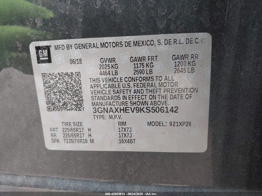 2019 Chevrolet Equinox Ls VIN: 3GNAXHEV9KS506142 Lot: 42583913