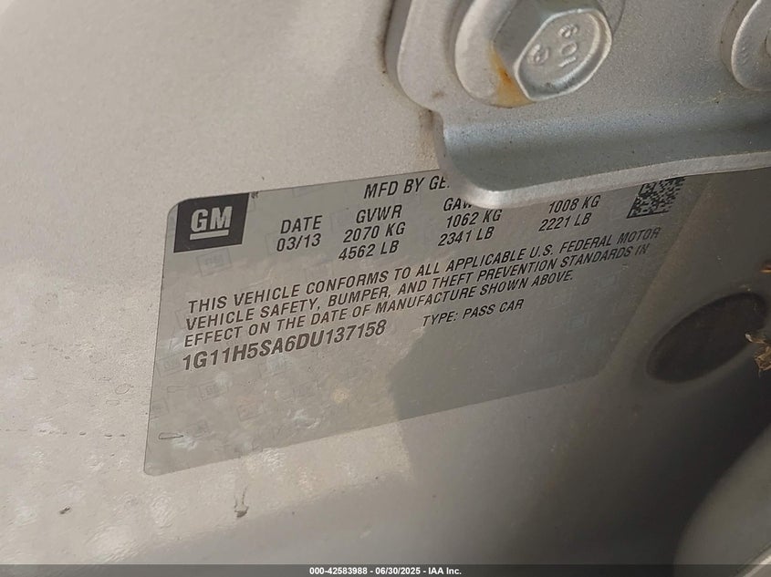 2013 CHEVROLET MALIBU VIN: 1G11H5SA6DU137158