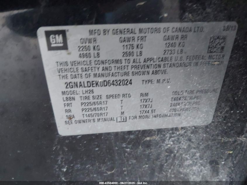 2013 Chevrolet Equinox Ls VIN: 2GNALBEK0D6432024 Lot: 42584000