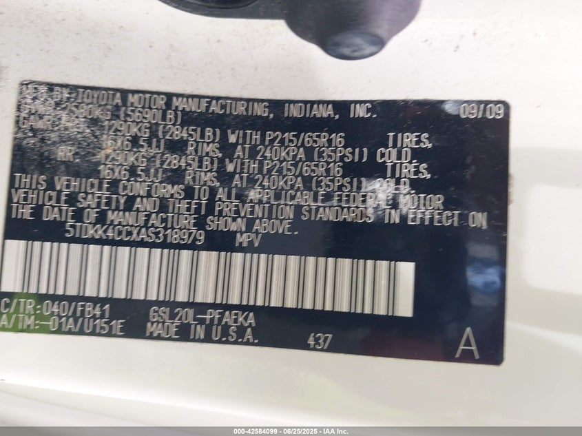 2010 Toyota Sienna Ce VIN: 5TDKK4CCXAS318979 Lot: 42584099