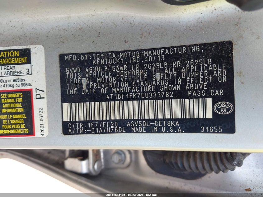 2014 TOYOTA CAMRY VIN: 4T1BF1FK7EU333782