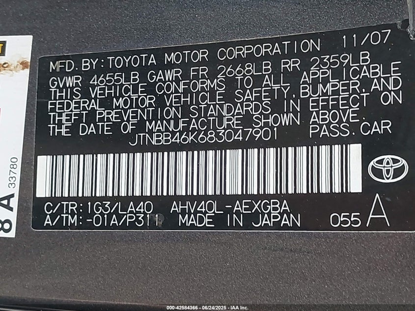 2008 TOYOTA CAMRY HYBRID VIN: JTNBB46K683047901