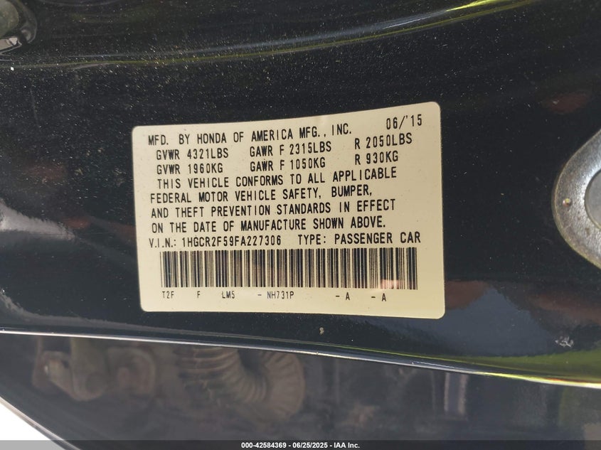 2015 HONDA ACCORD VIN: 1HGCR2F59FA227306