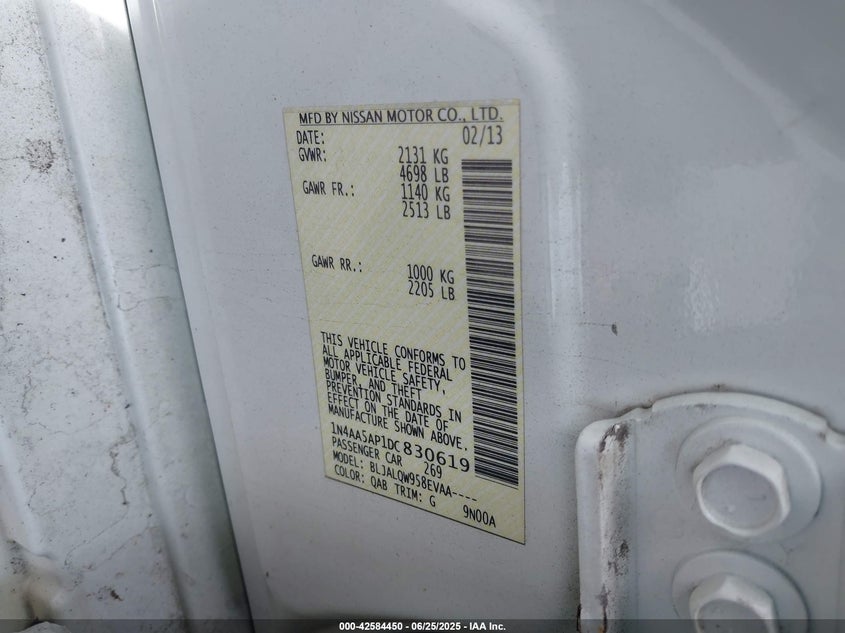 2013 NISSAN MAXIMA VIN: 1N4AA5AP1DC830619