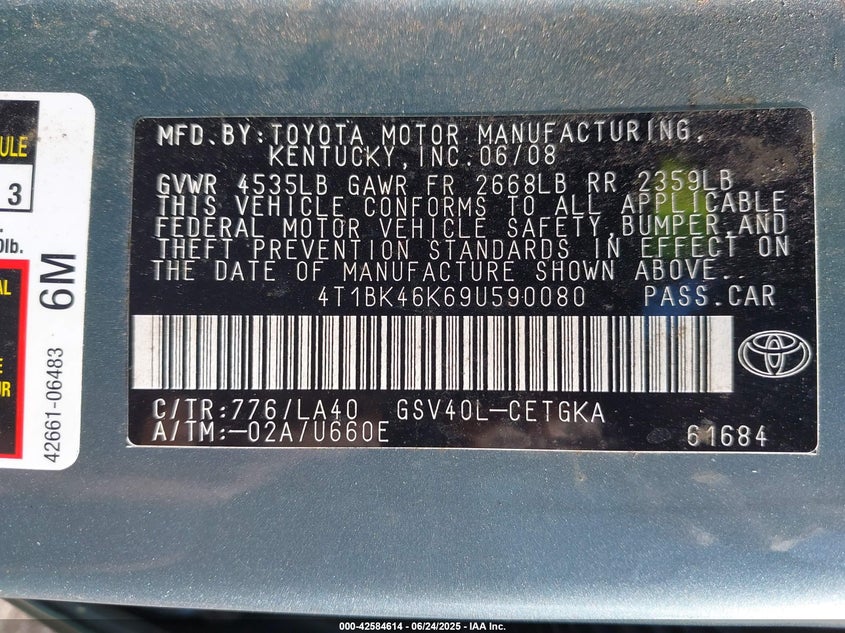 2009 TOYOTA CAMRY VIN: 4T1BK46K69U590080