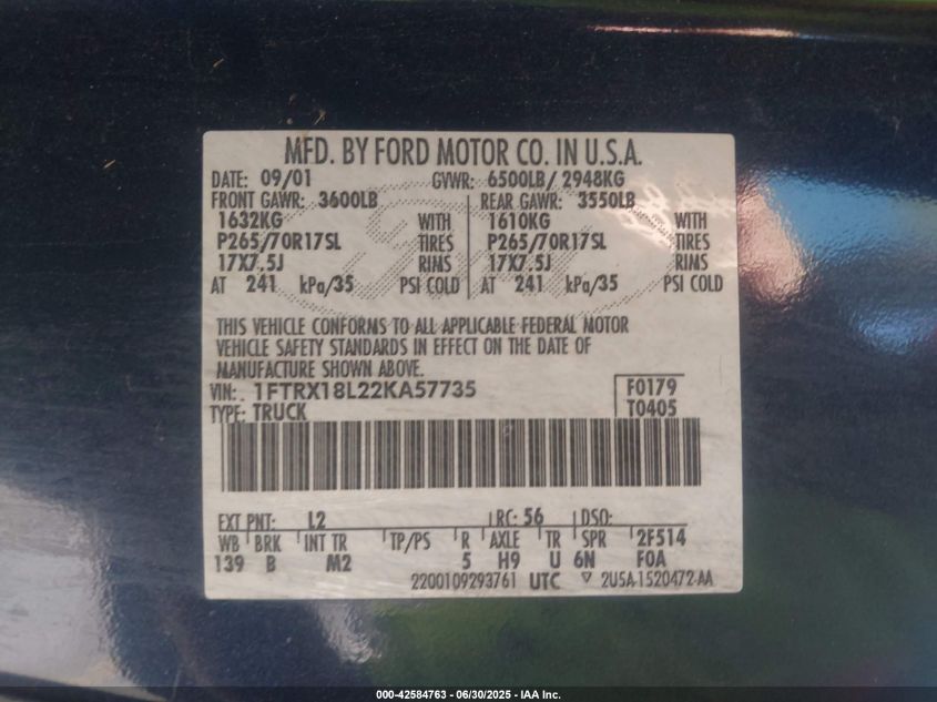 2002 Ford F150 VIN: 1FTRX18L22KA57735 Lot: 42584763