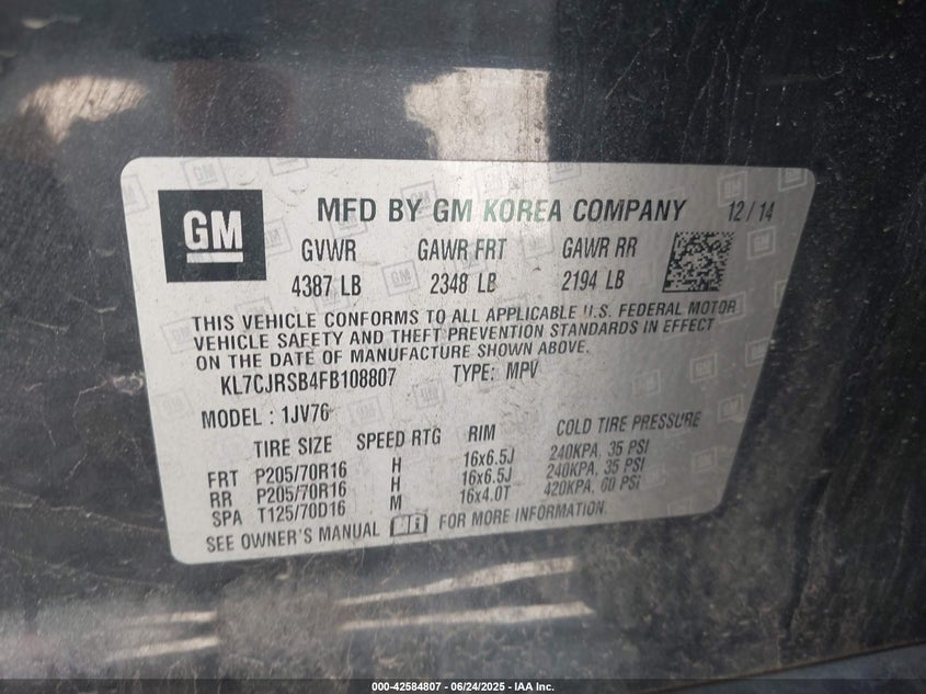 2015 CHEVROLET TRAX LT - KL7CJRSB4FB108807