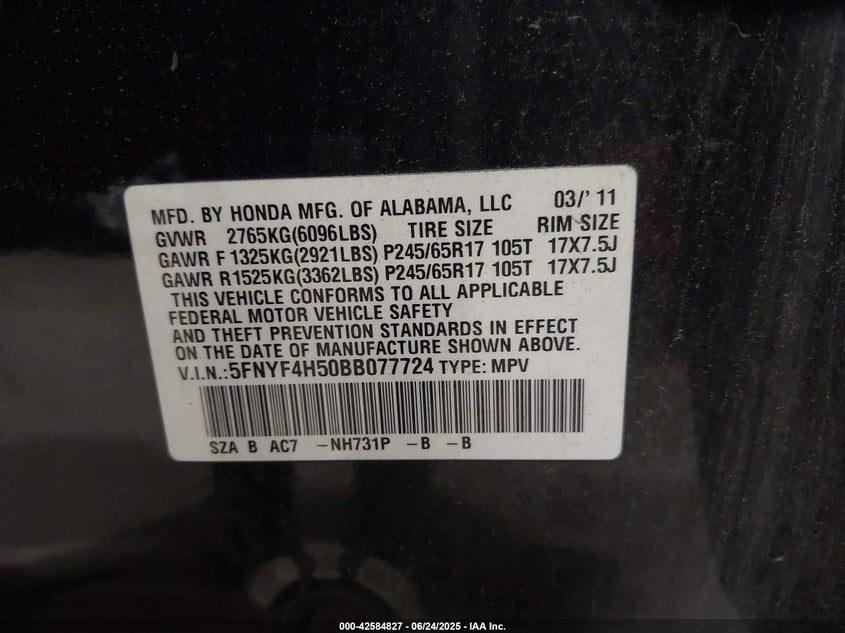 2011 Honda Pilot Ex-L VIN: 5FNYF4H50BB077724 Lot: 42584827