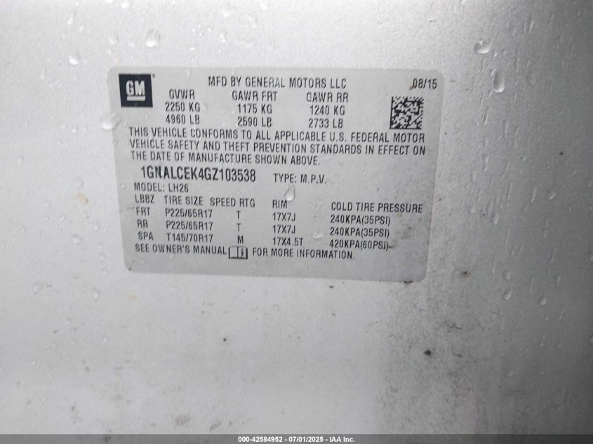 2016 Chevrolet Equinox Lt VIN: 1GNALCEK4GZ103538 Lot: 42584952