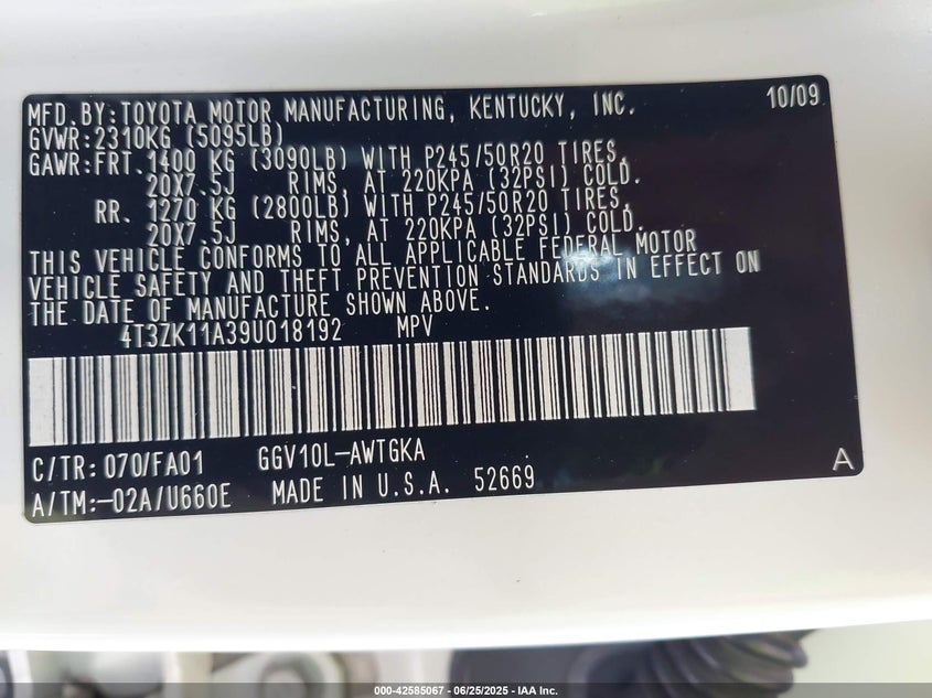 2009 TOYOTA VENZA VIN: 4T3ZK11A39U018192