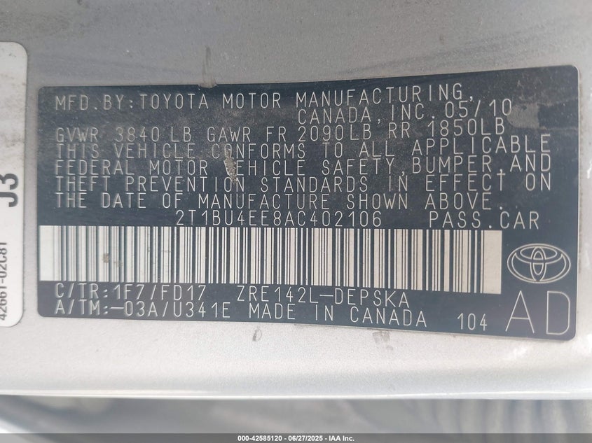 2010 TOYOTA COROLLA VIN: 2T1BU4EE8AC402106