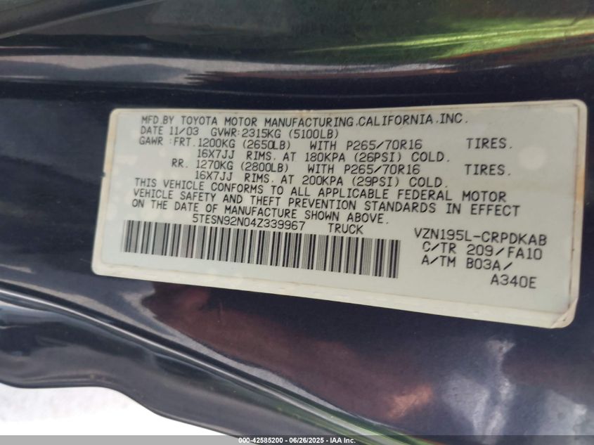 2004 Toyota Tacoma Prerunner V6 VIN: 5TESN92N04Z339967 Lot: 42585200