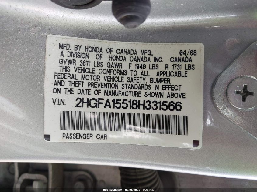 2008 Honda Civic Lx VIN: 2HGFA15518H331566 Lot: 42585221