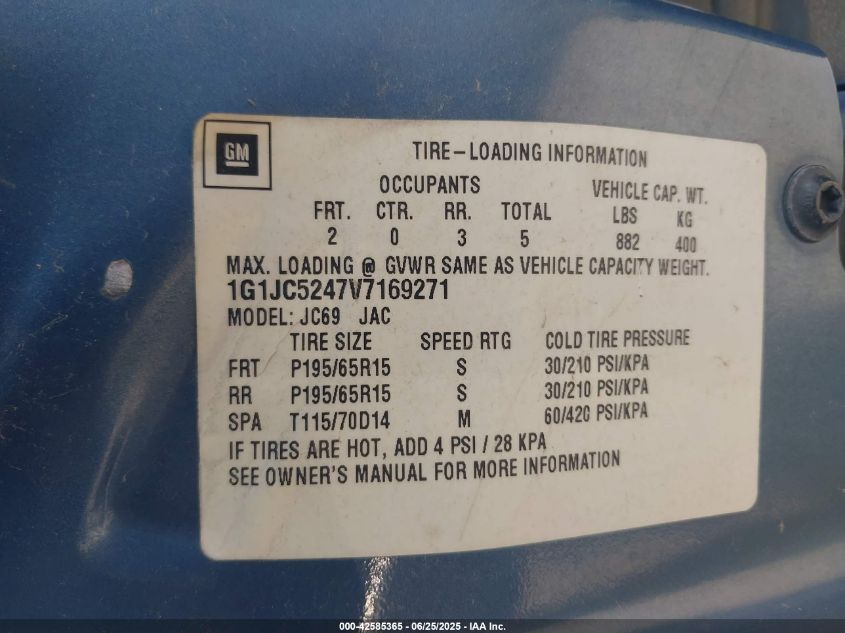 1997 Chevrolet Cavalier VIN: 1G1JC5247V7169271 Lot: 42585365