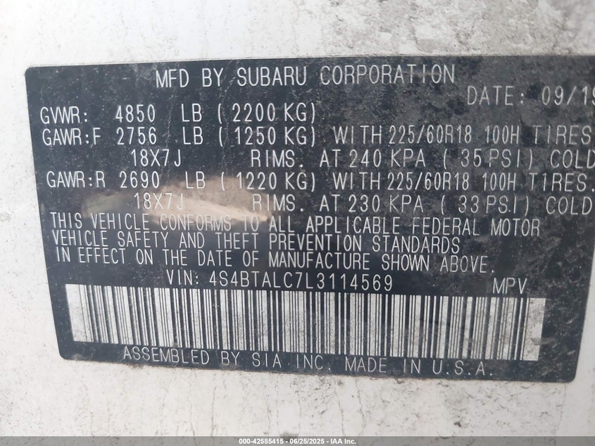 2020 Subaru Outback Limited VIN: 4S4BTALC7L3114569 Lot: 42585415